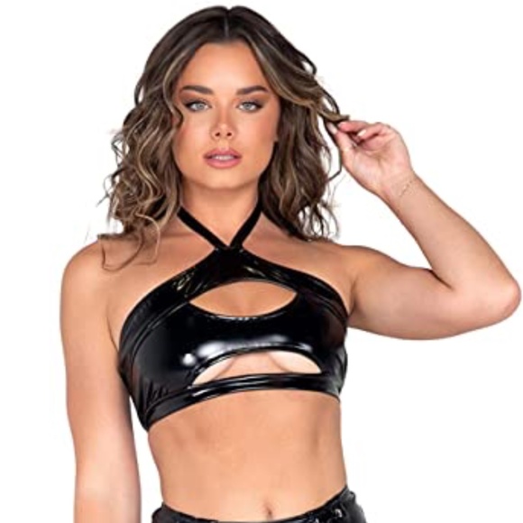 Vinyl Cut Out Rave Crop Top Black, Large - Picture 1 of 4